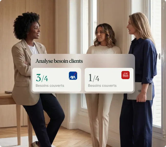 Trois femmes discutent dans un bureau, avec une infographie montrant l'analyse des besoins clients : 3/4 besoins couverts par AXA, 1/4 par Generali.